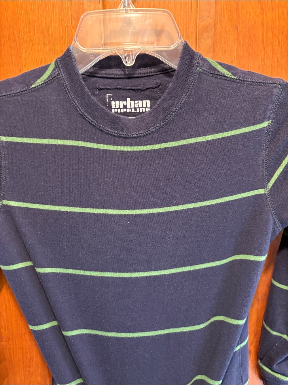 urban pipeline Navy Crewneck Sweater with Green Stripes